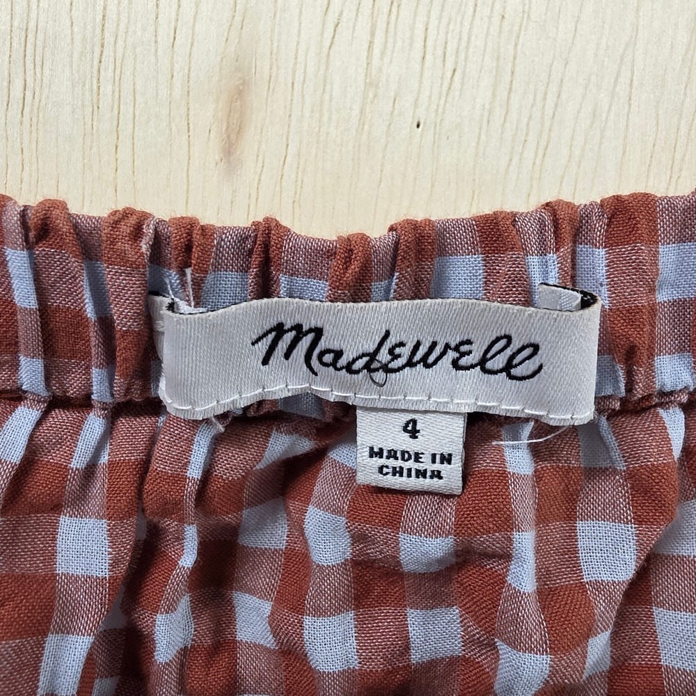Madewell Gingham Button Front Puff Sleeve Top Terracotta Brown White Size 4 - Picture 4 of 10